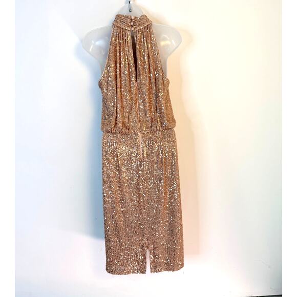 Eliza J Gold Sequin Halter Midi Dress Open Back Evening Party Dress - Picture 5 of 8